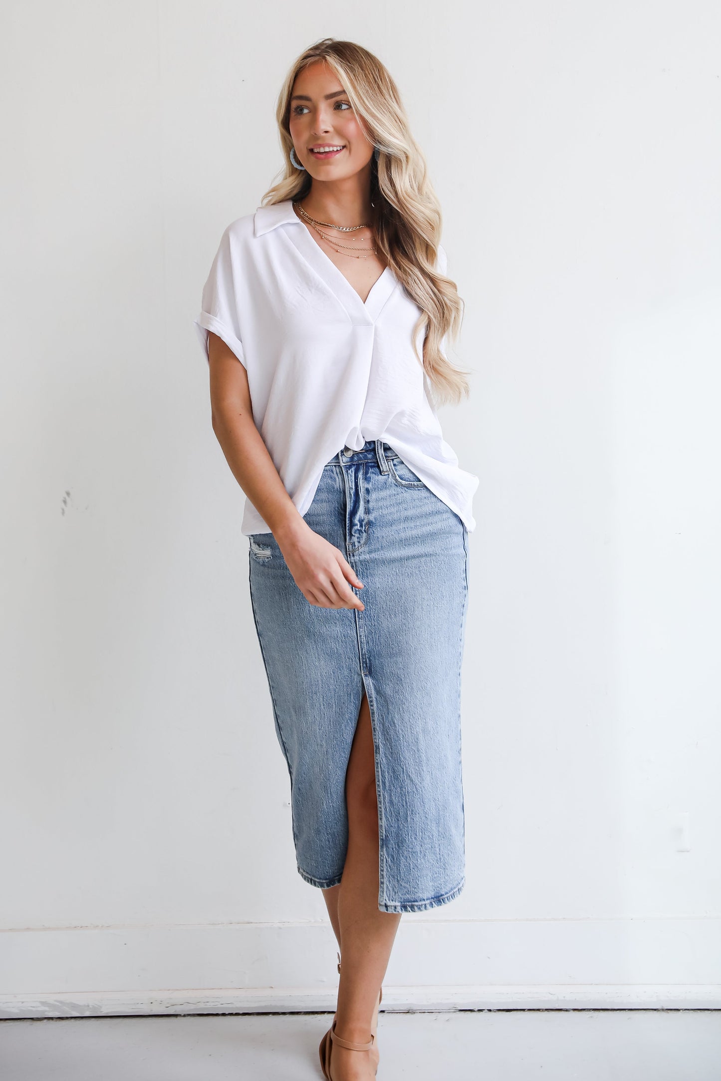 FINAL SALE - Make It Easy Medium Wash Denim Midi Skirt