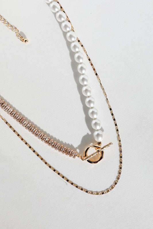 Stella Gold Rhinestone Pearl Layered Necklace
