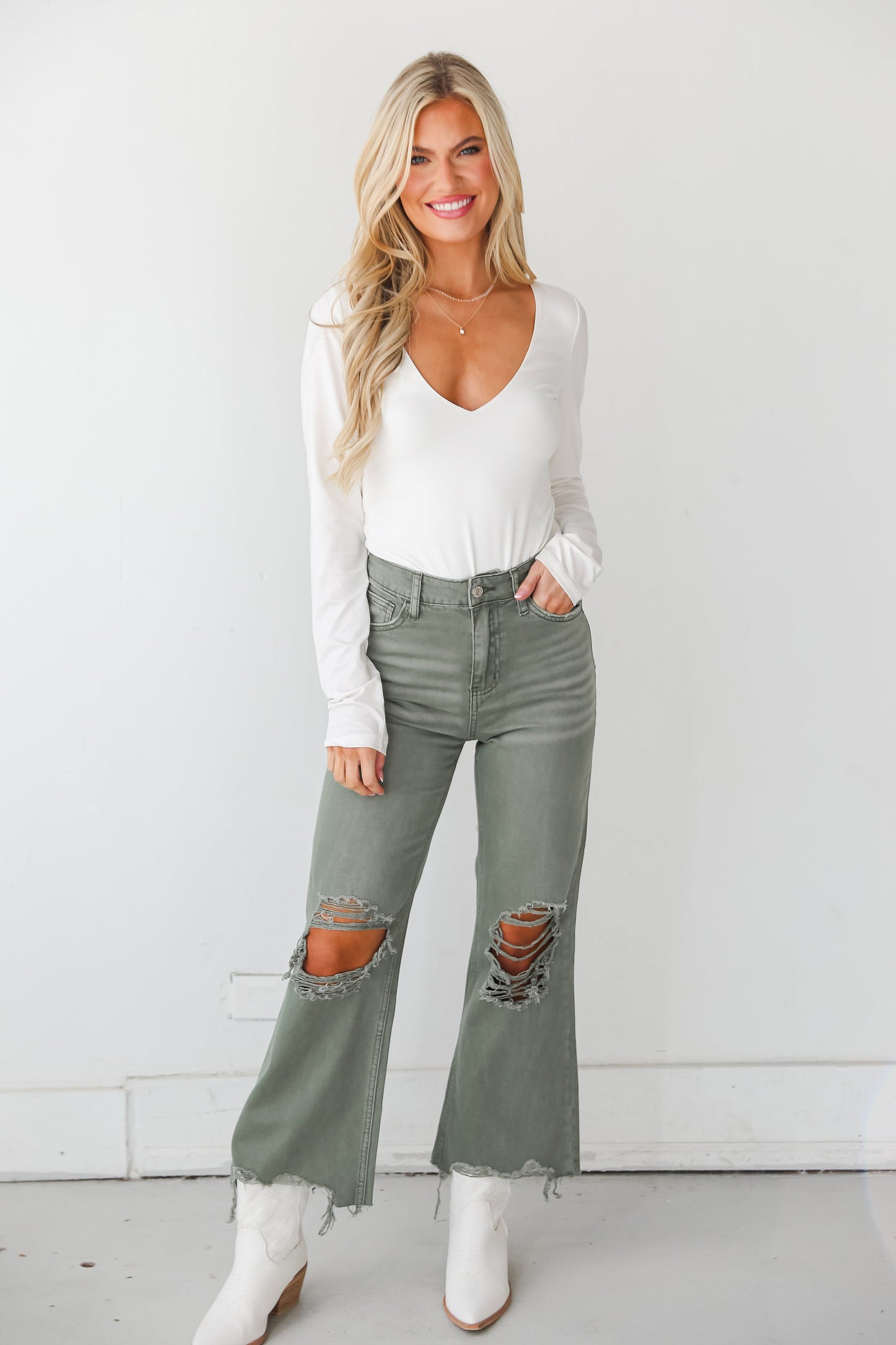 FINAL SALE - Leslie Army Green 90s Vintage Crop Flare Jeans