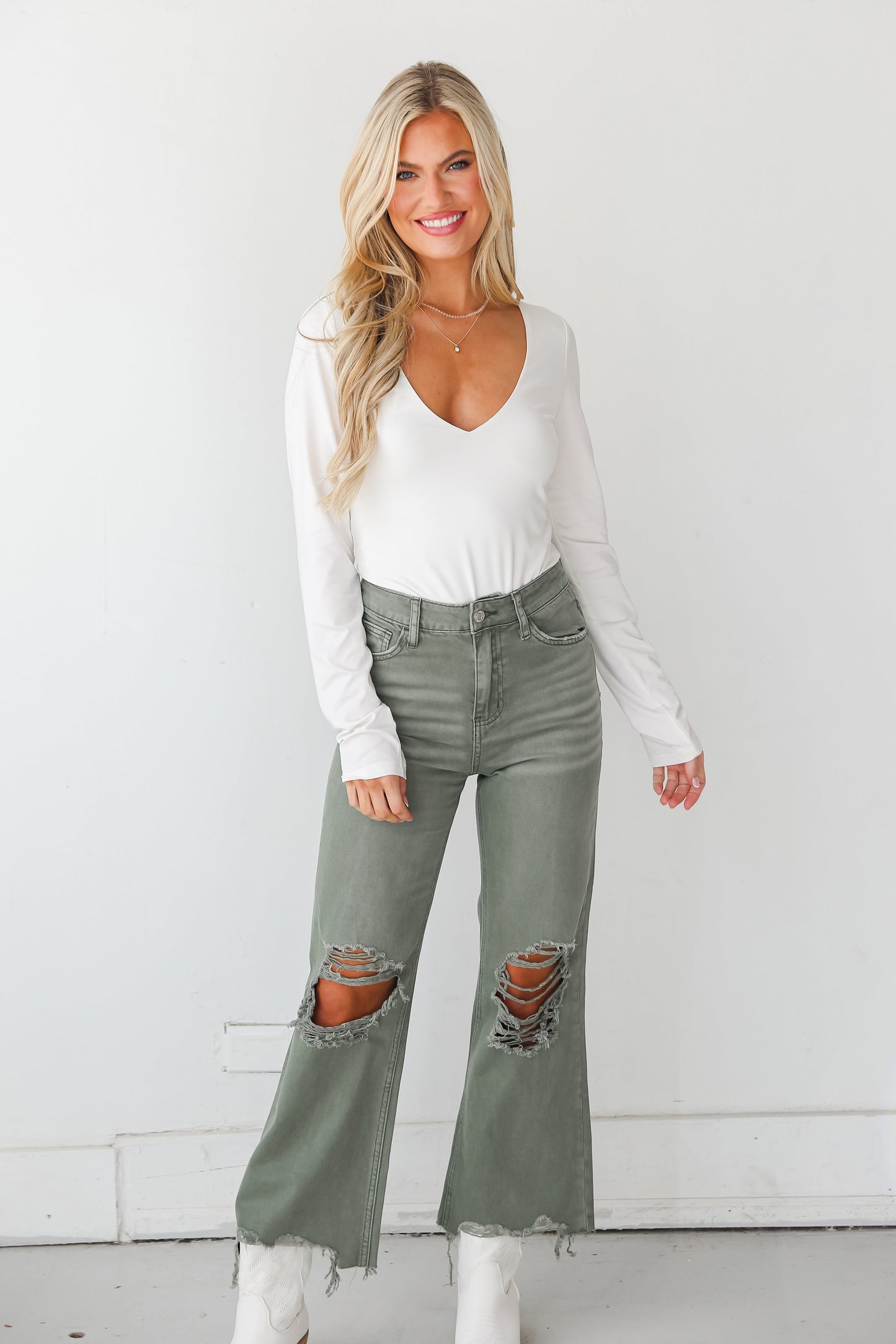 FINAL SALE - Leslie Army Green 90s Vintage Crop Flare Jeans