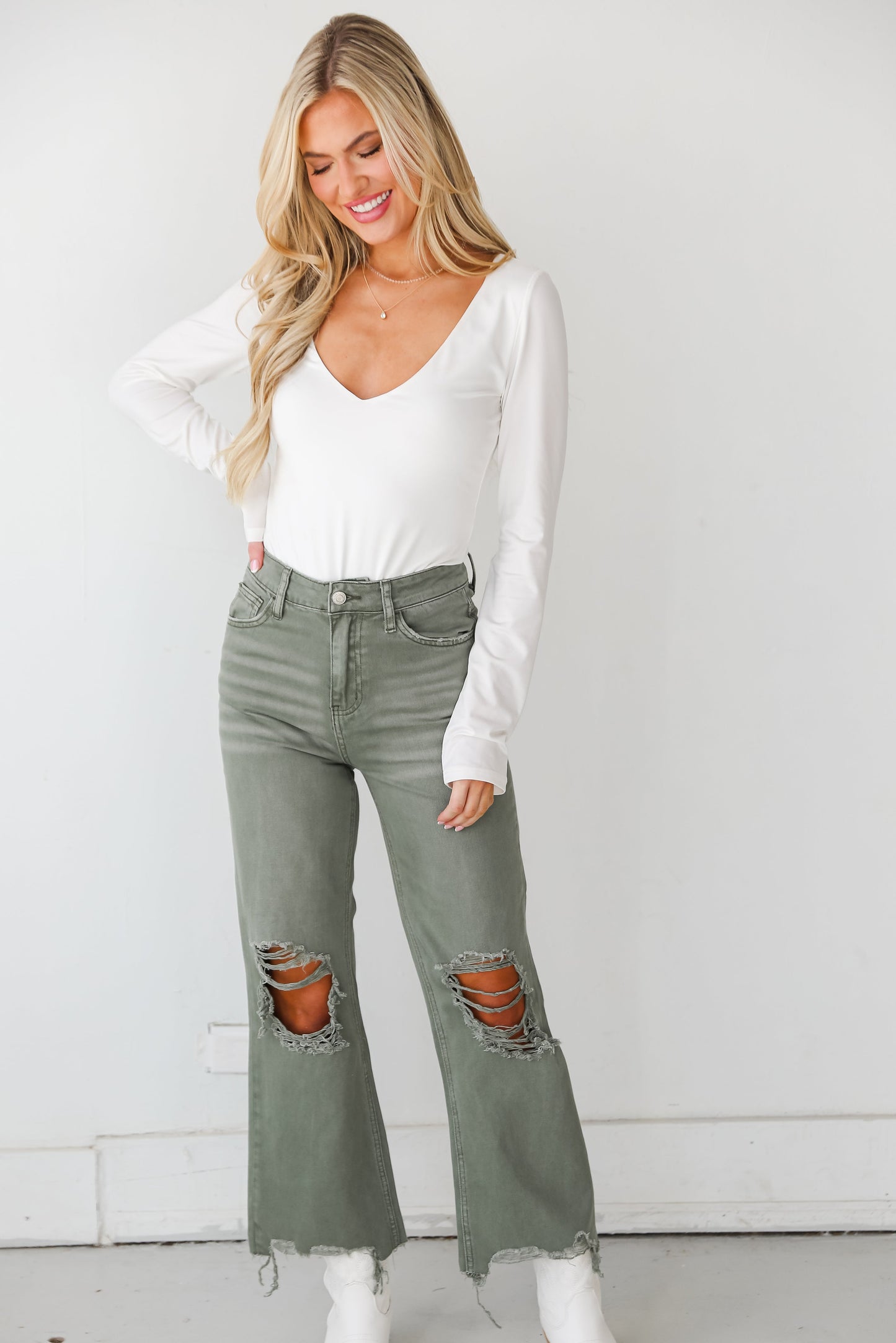 FINAL SALE - Leslie Army Green 90s Vintage Crop Flare Jeans