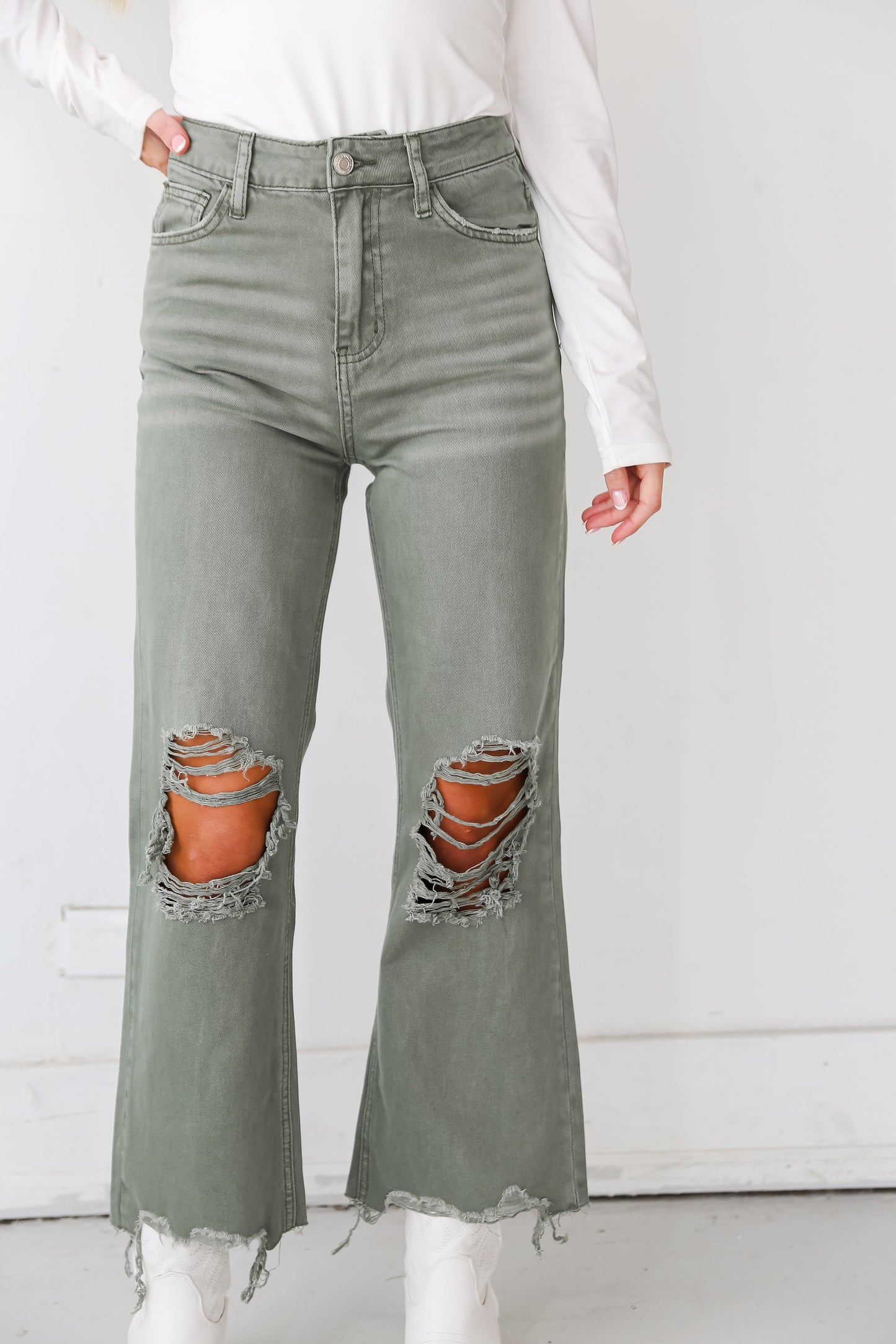 FINAL SALE - Leslie Army Green 90s Vintage Crop Flare Jeans