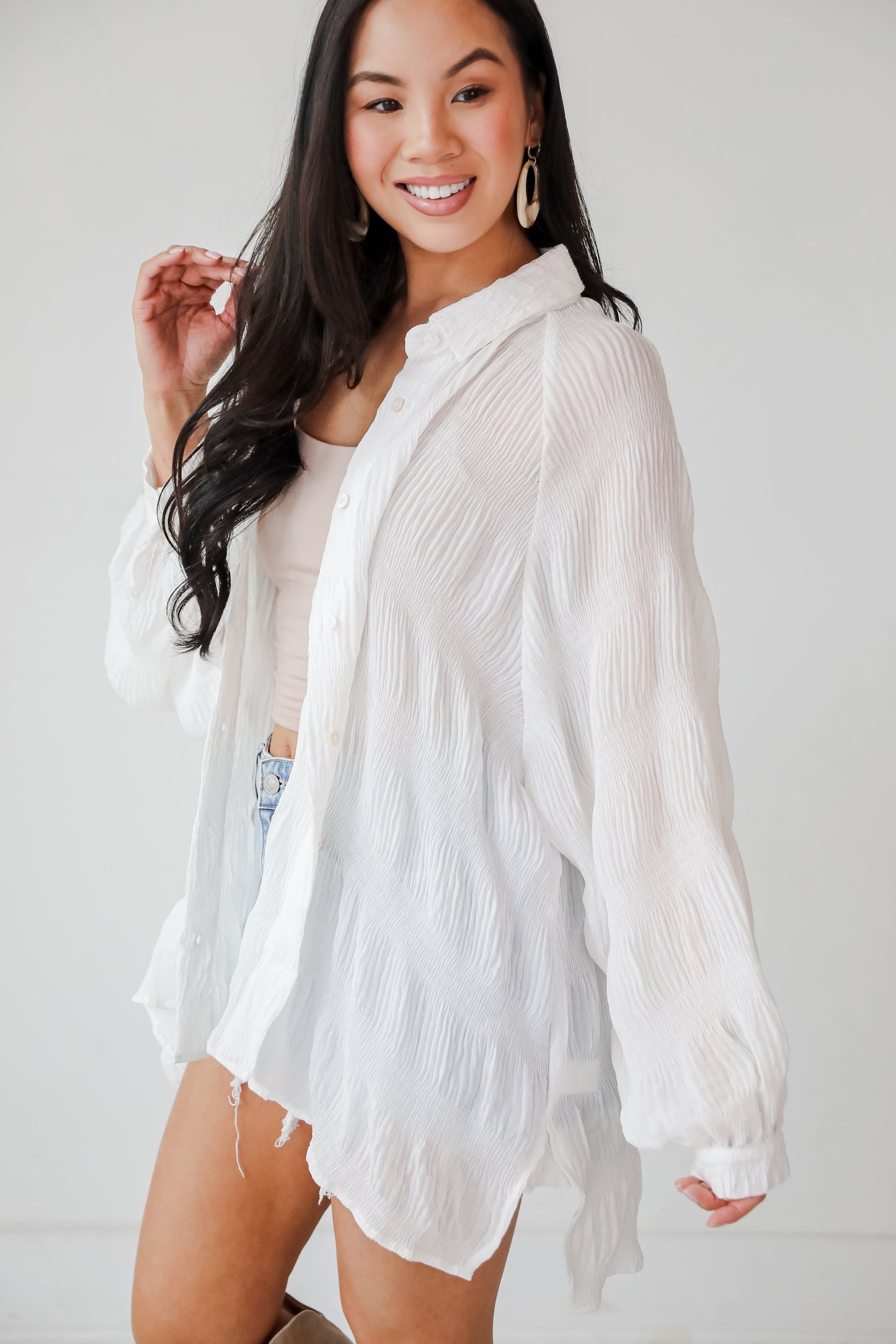 Seasonally Lovely Off White Textured Button-Up Blouse