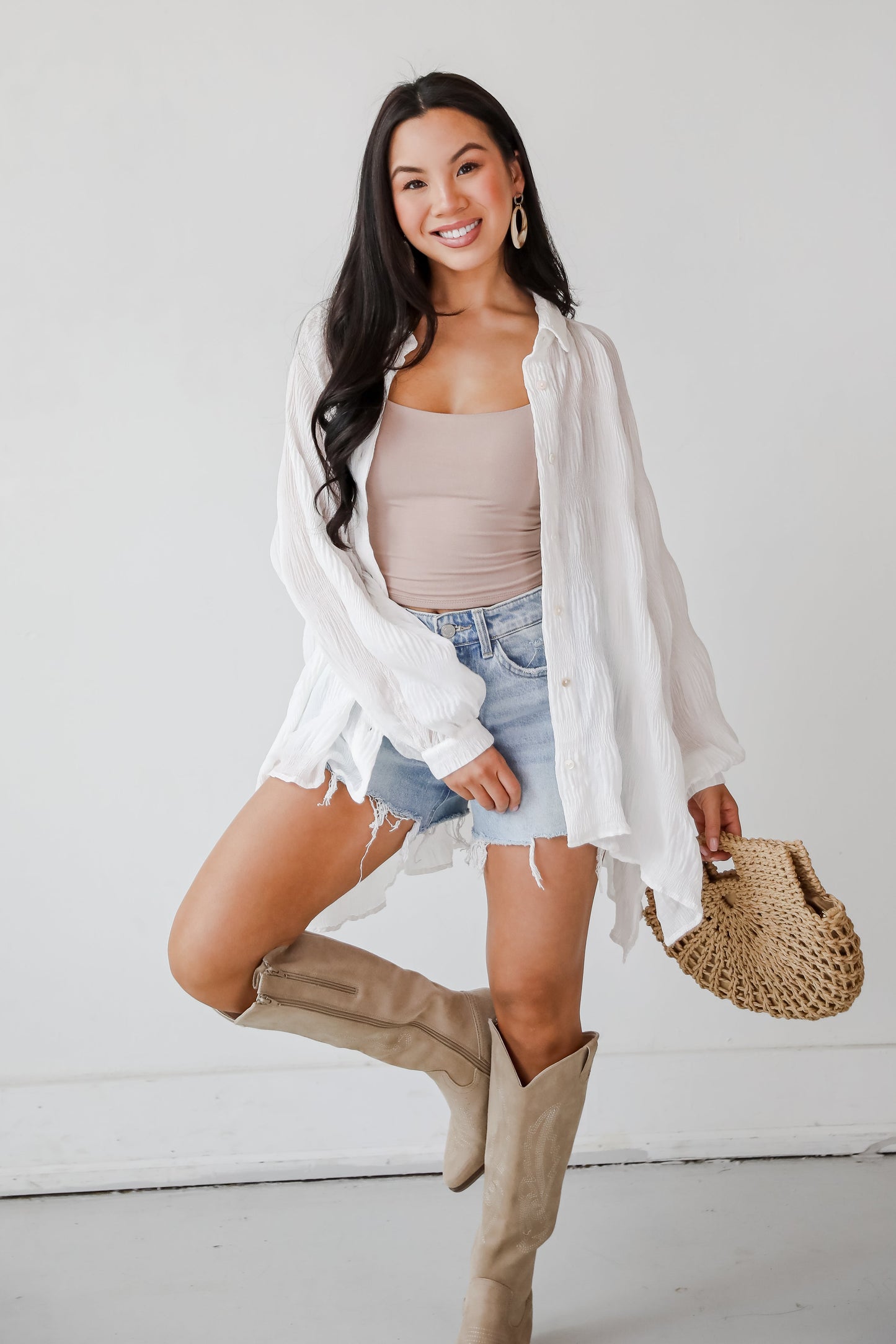 Seasonally Lovely Off White Textured Button-Up Blouse