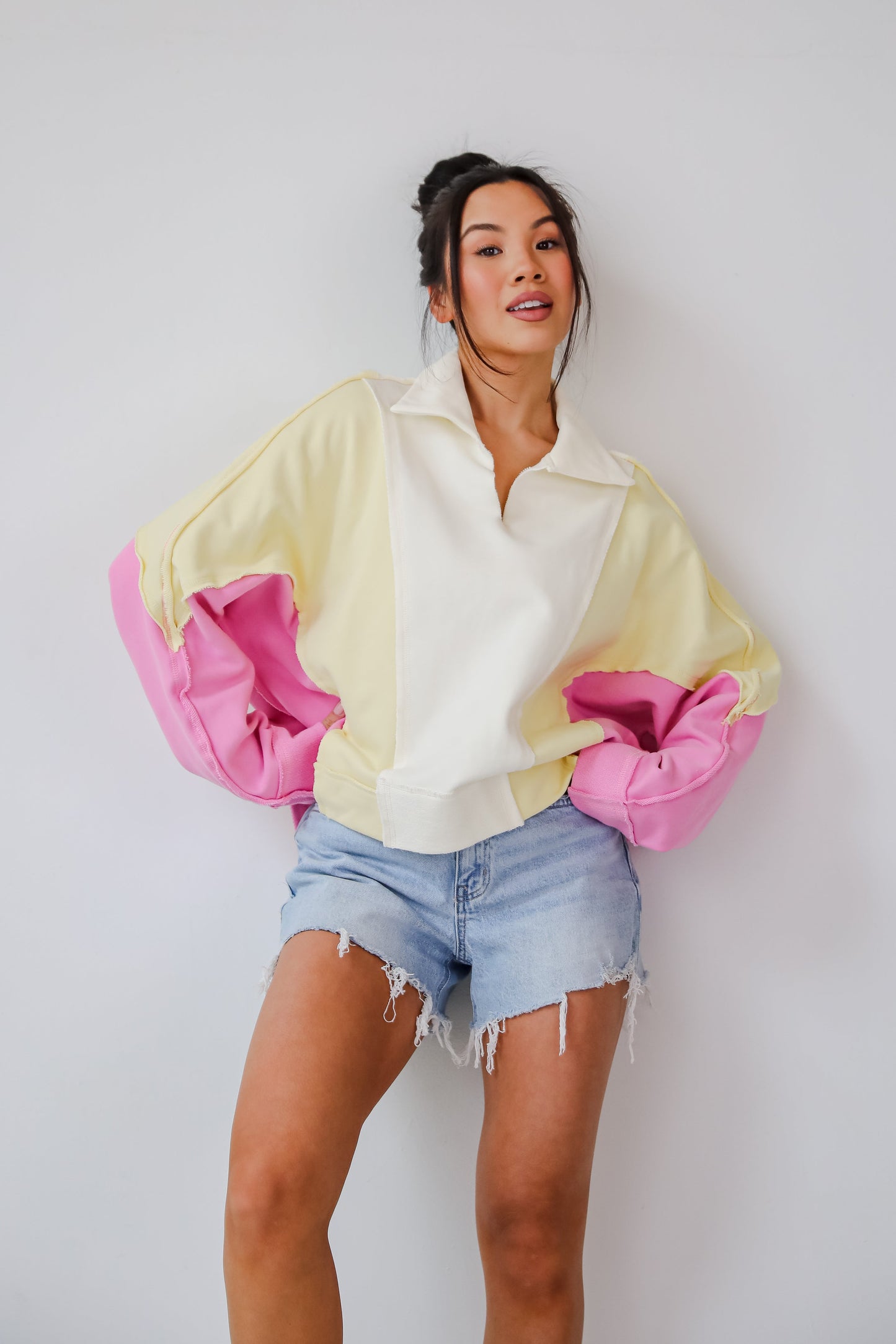 Lucky Cutie Pink Color Block Collared Pullover