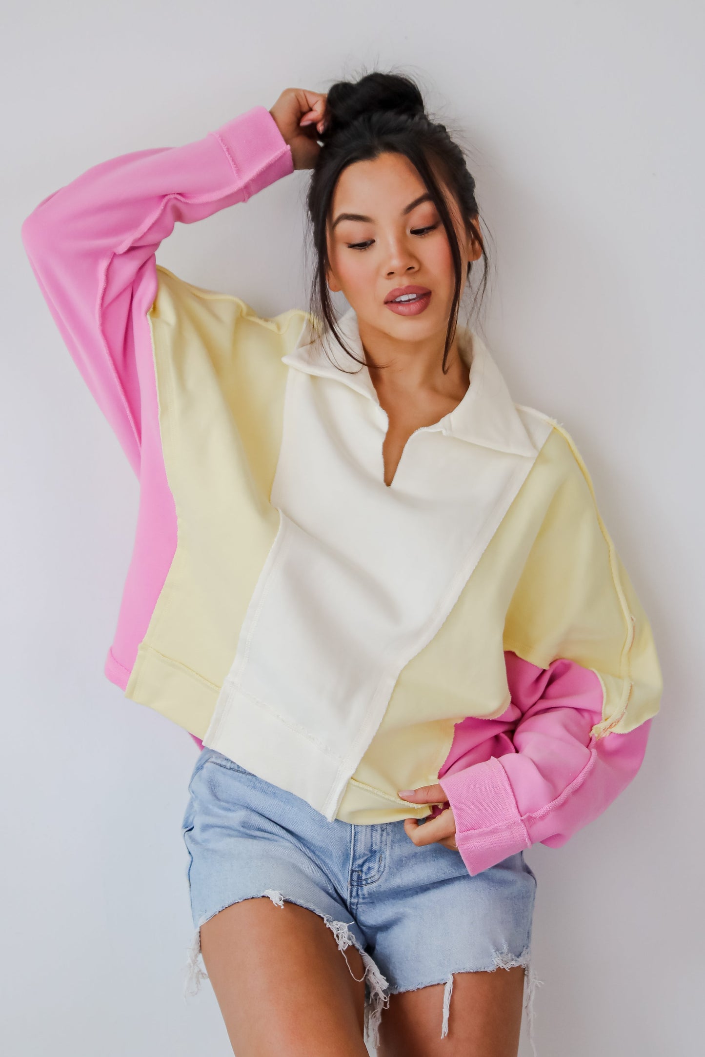 Lucky Cutie Pink Color Block Collared Pullover