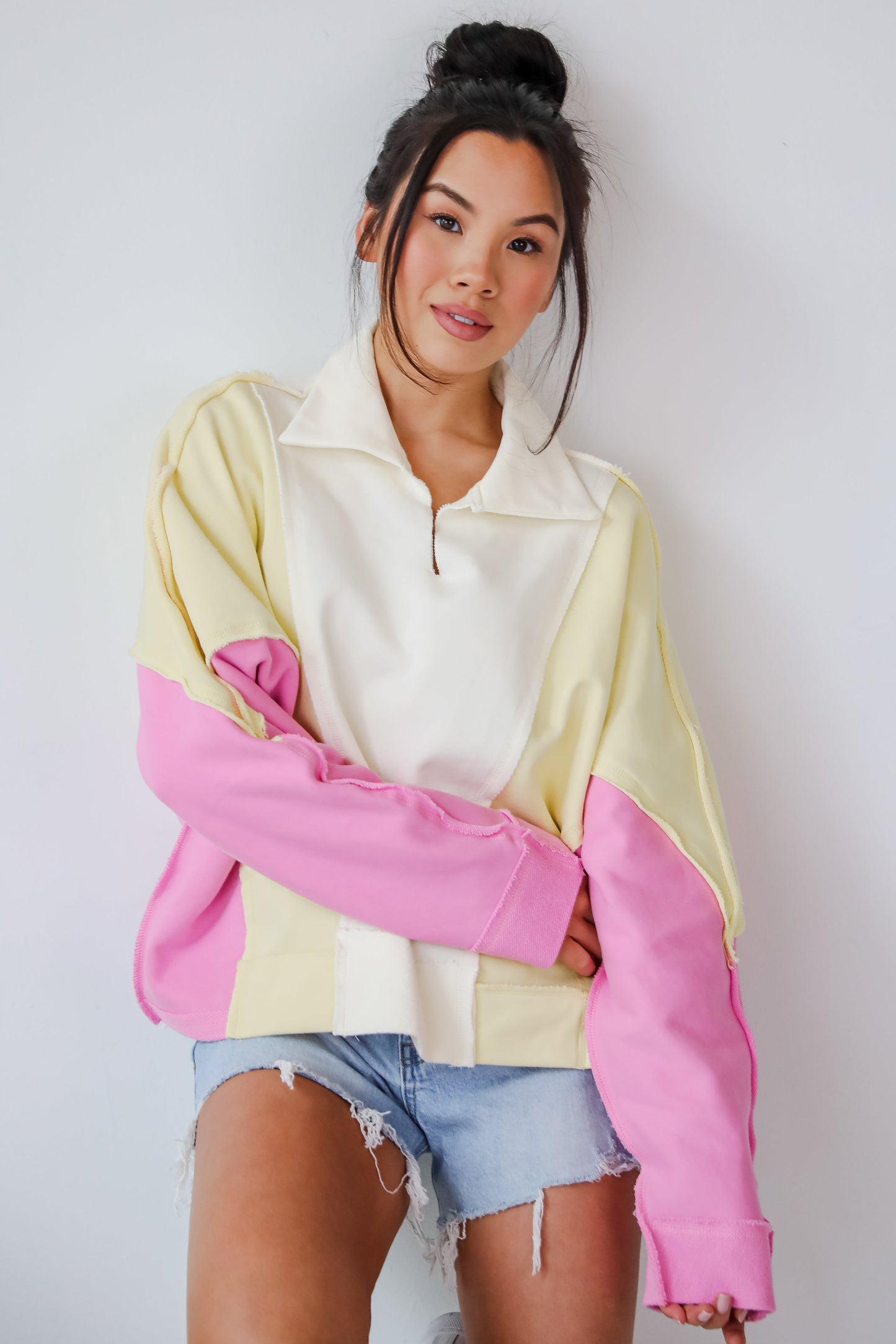 Lucky Cutie Pink Color Block Collared Pullover