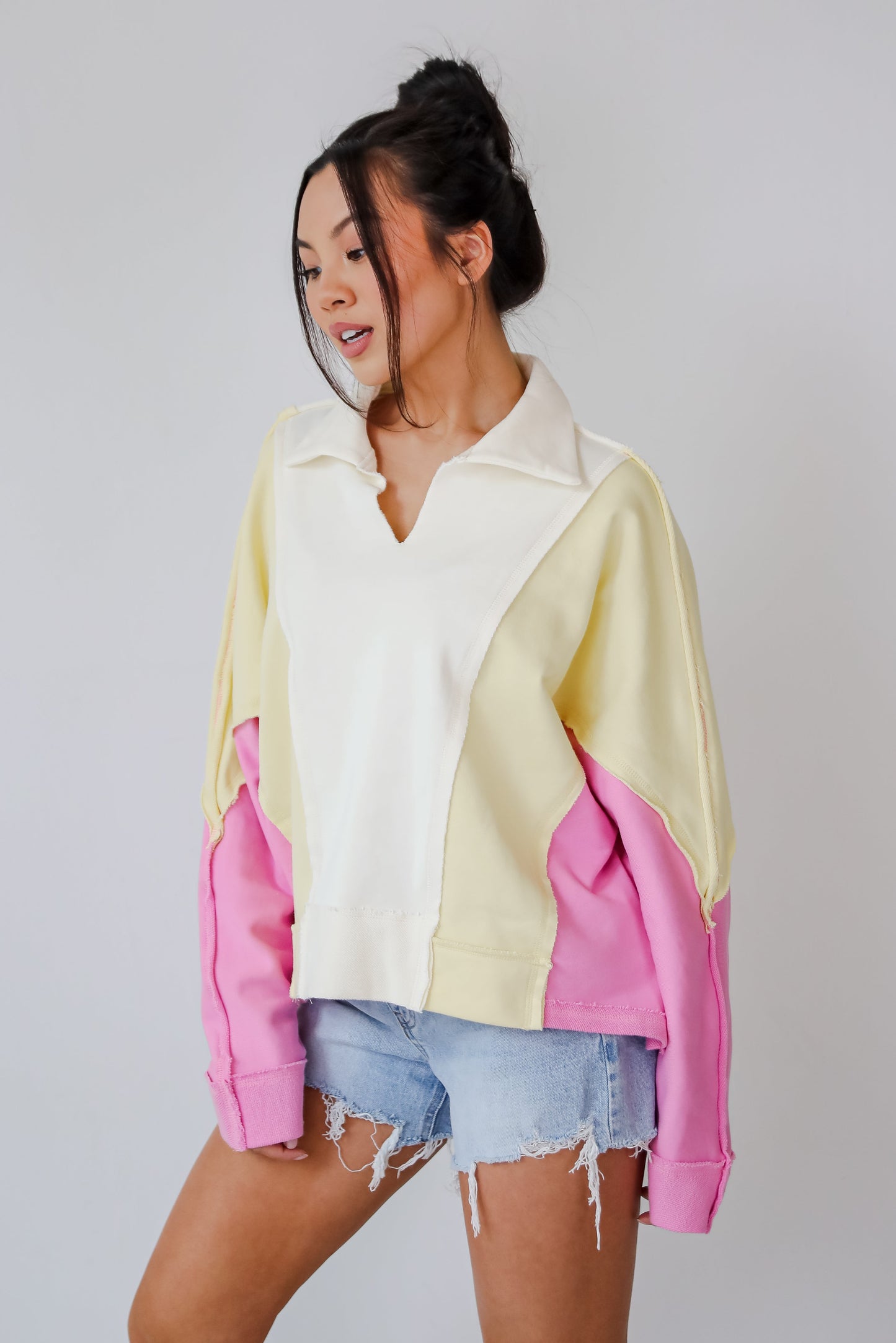 Lucky Cutie Pink Color Block Collared Pullover