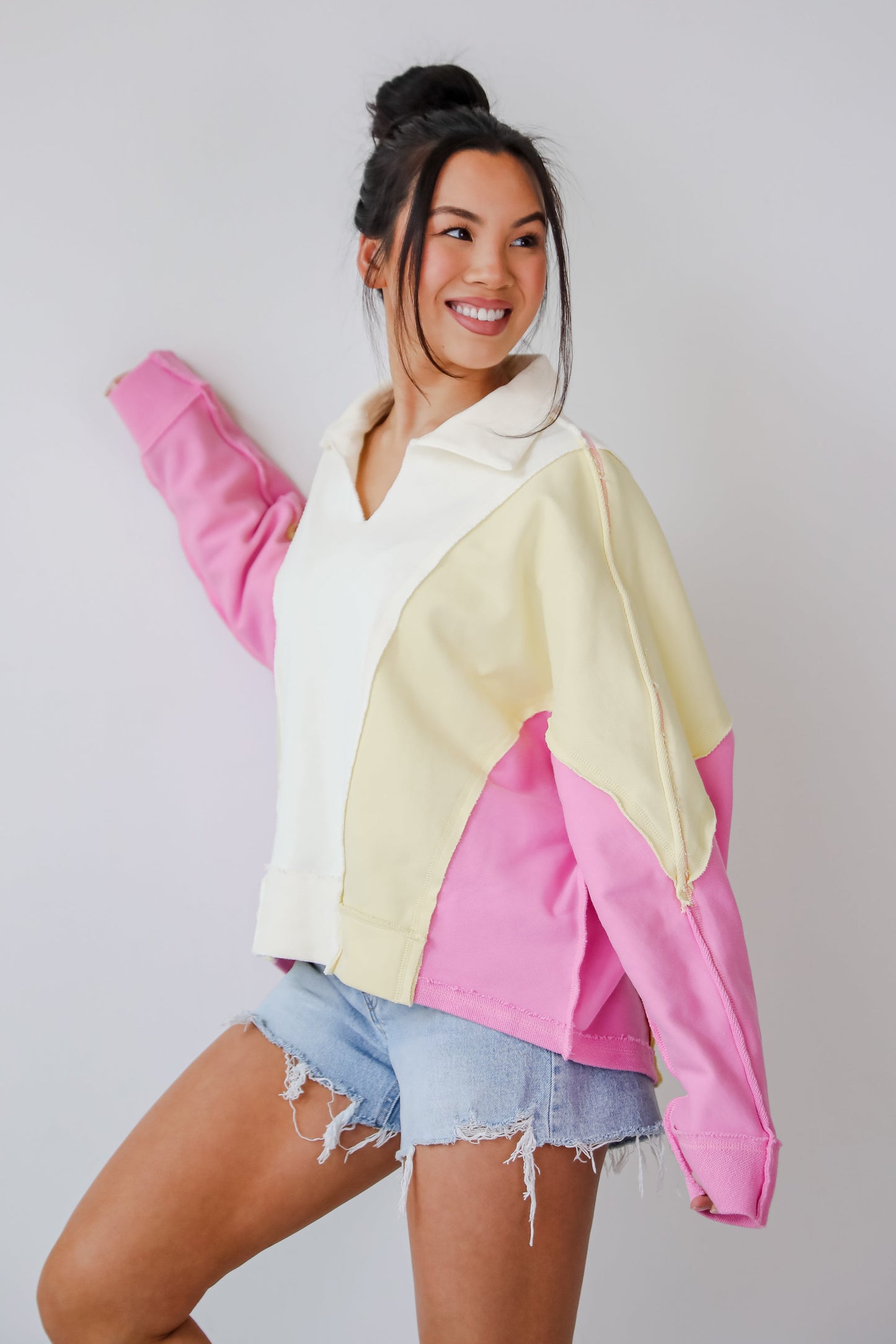 Lucky Cutie Pink Color Block Collared Pullover