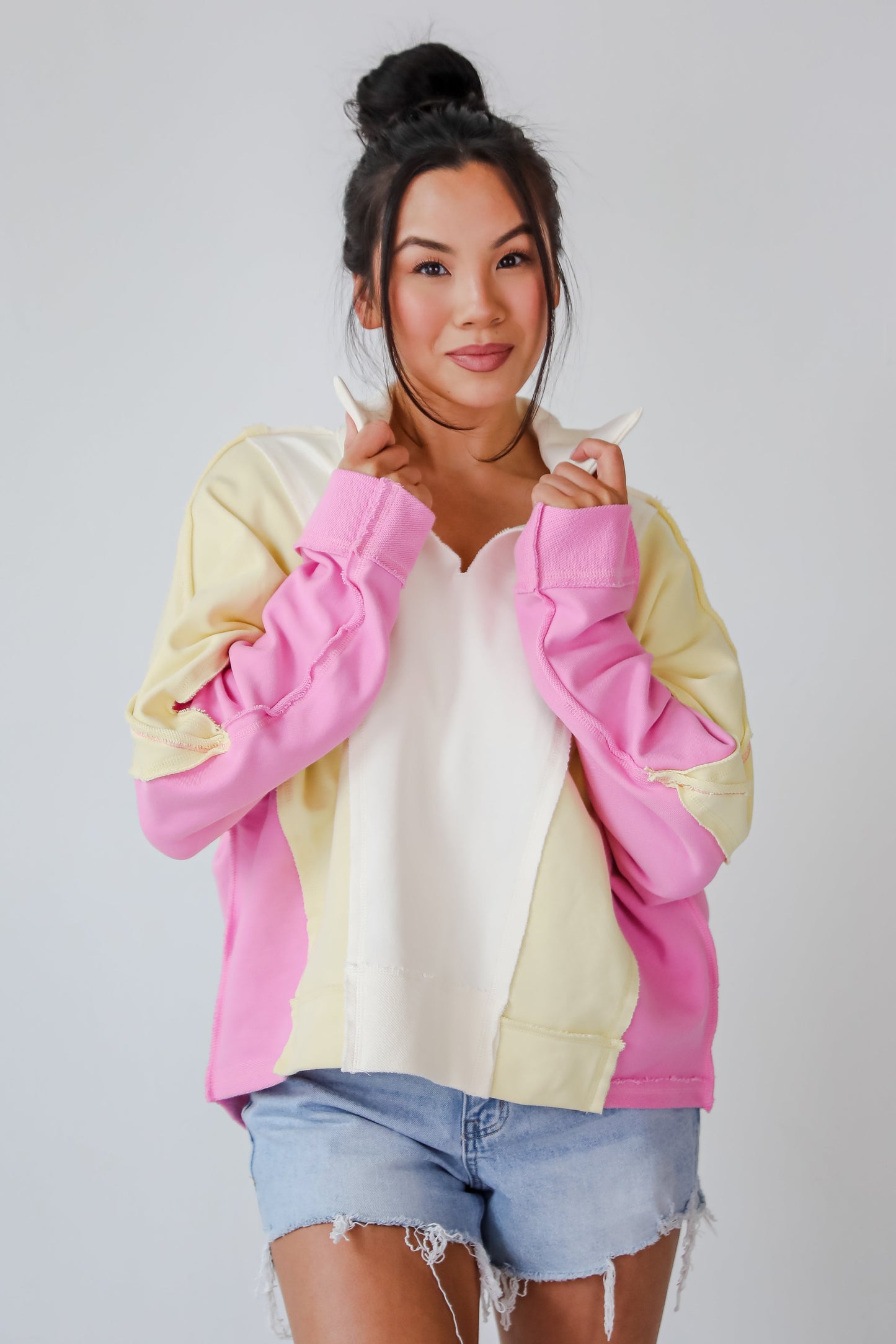 Lucky Cutie Pink Color Block Collared Pullover