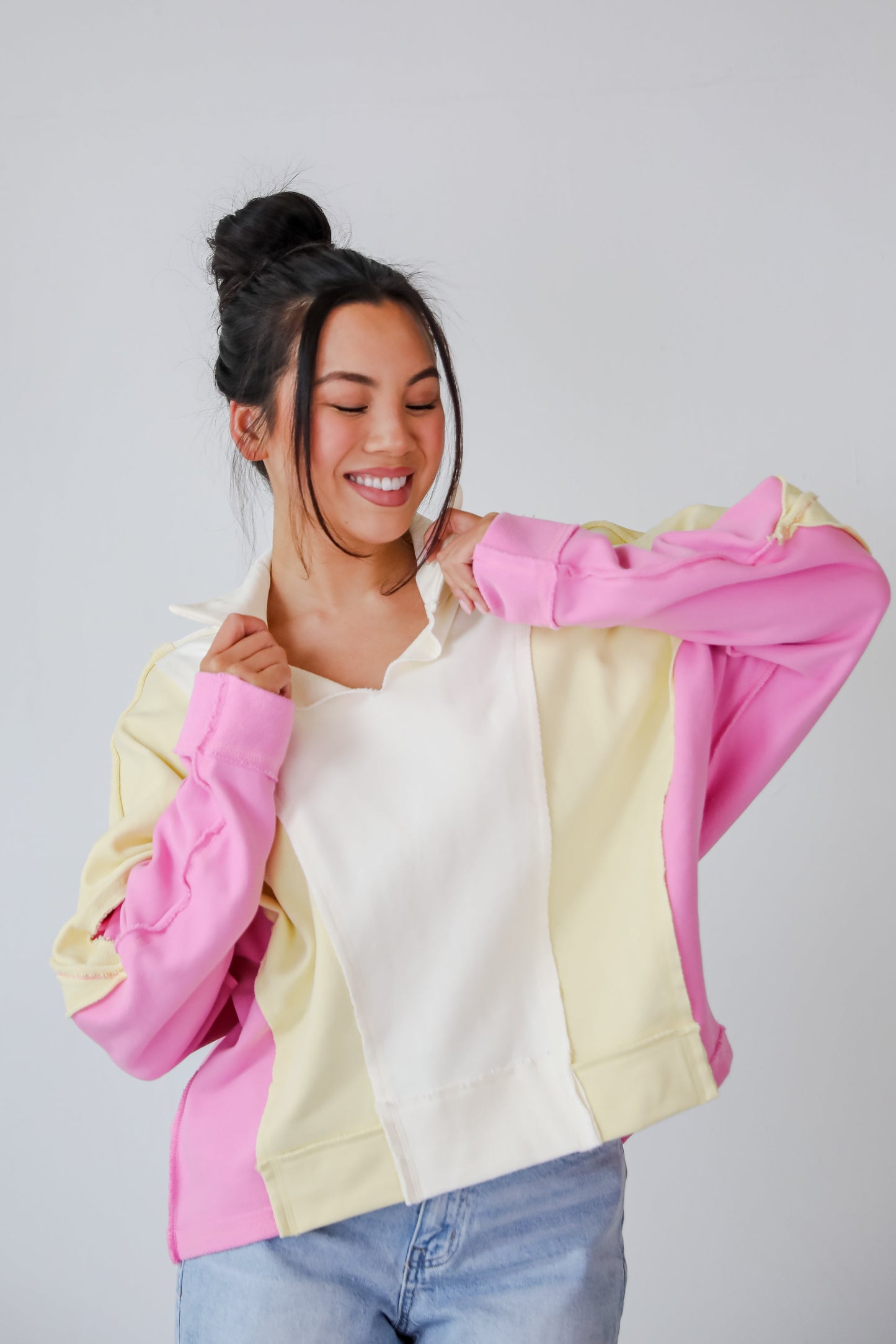 Lucky Cutie Pink Color Block Collared Pullover