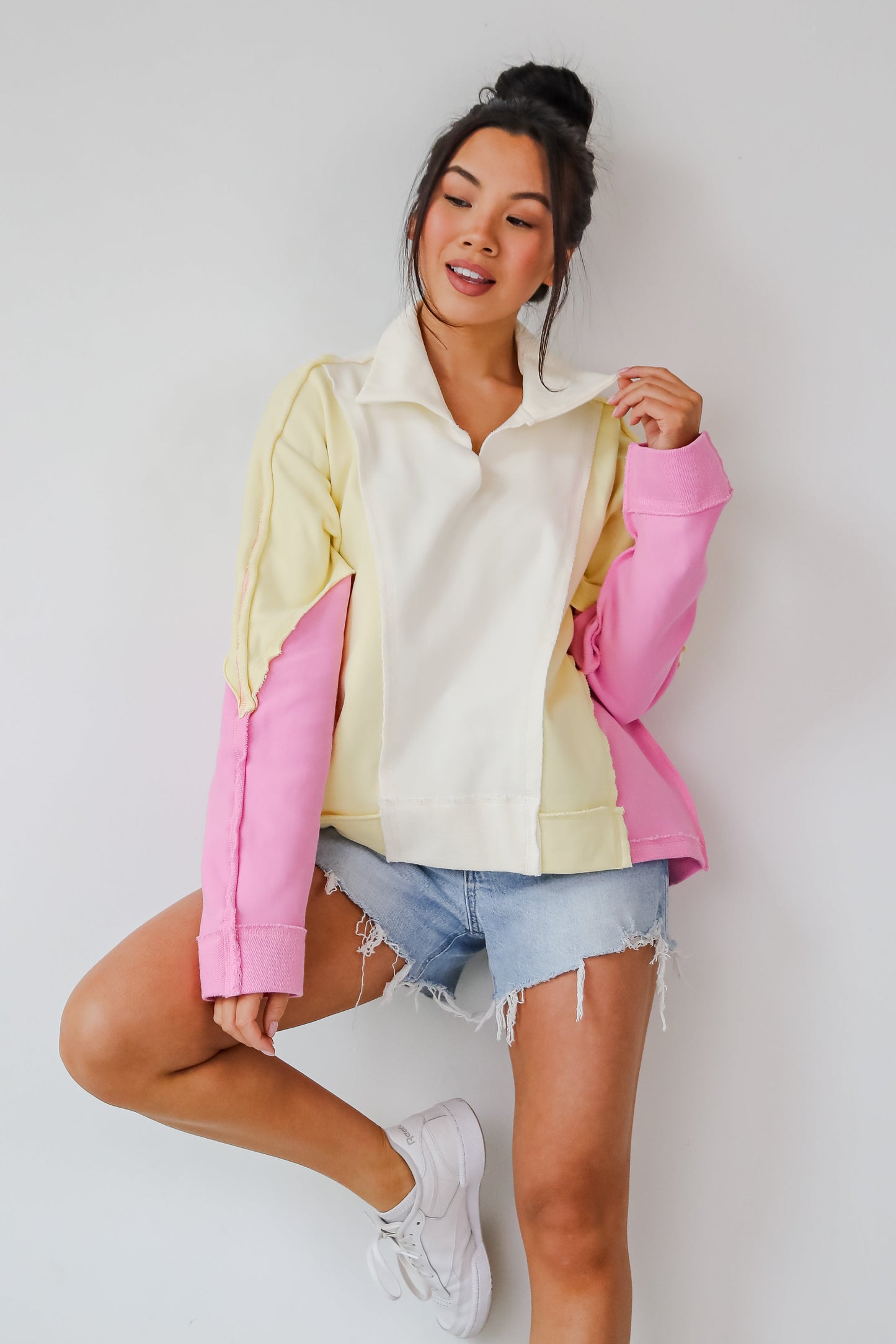Lucky Cutie Pink Color Block Collared Pullover