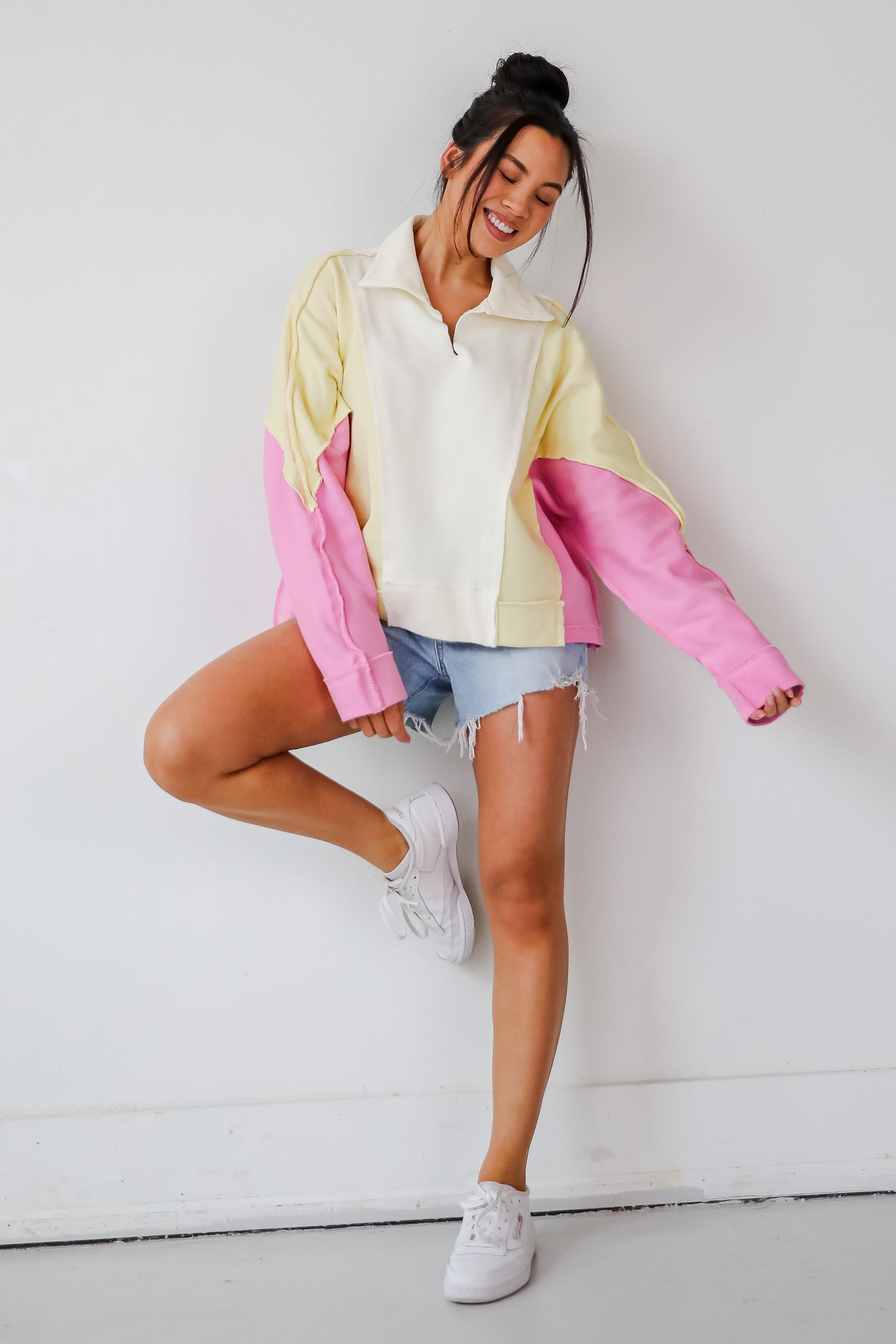 Lucky Cutie Pink Color Block Collared Pullover