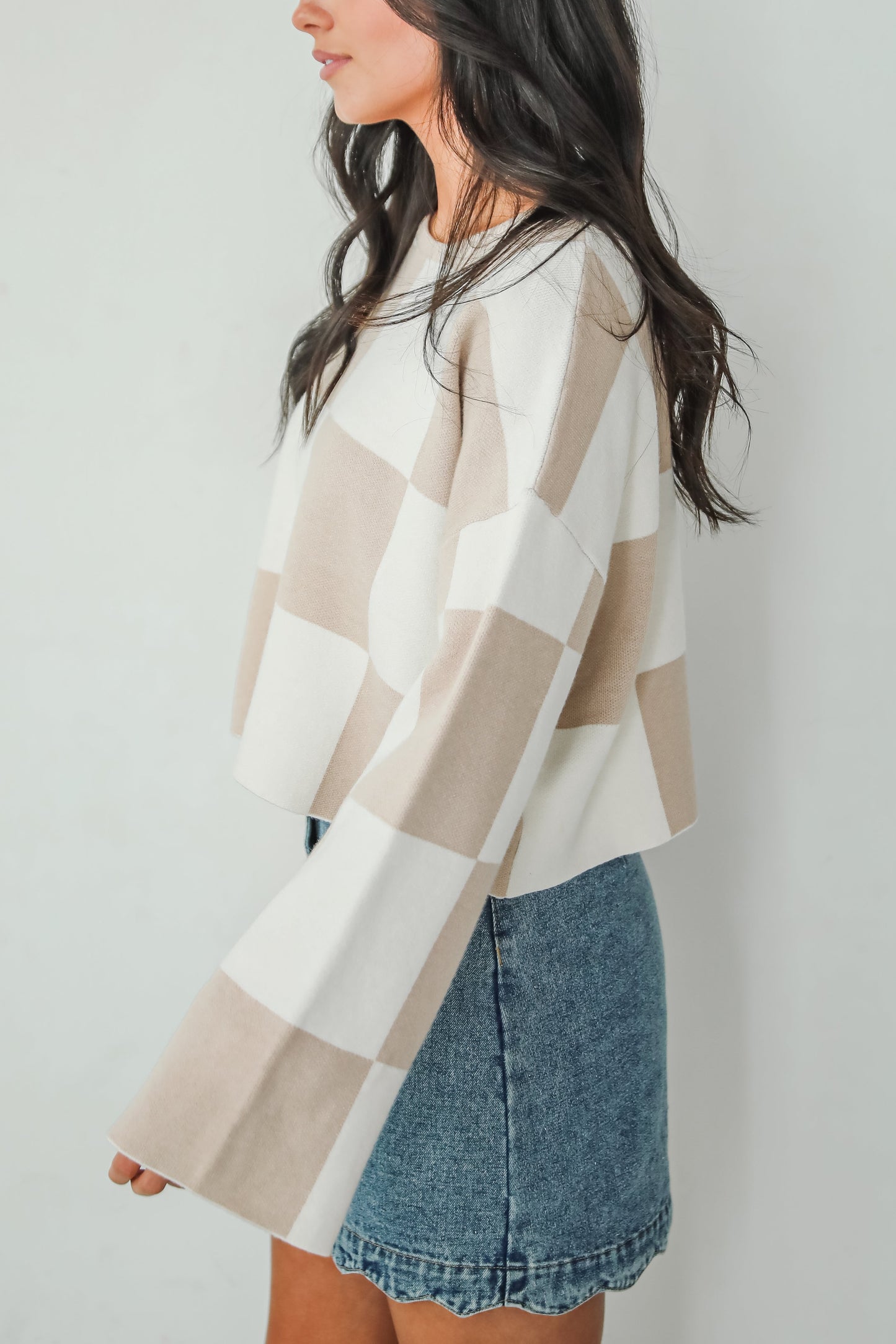 Perfect Classic Taupe Checkered Cropped Sweater