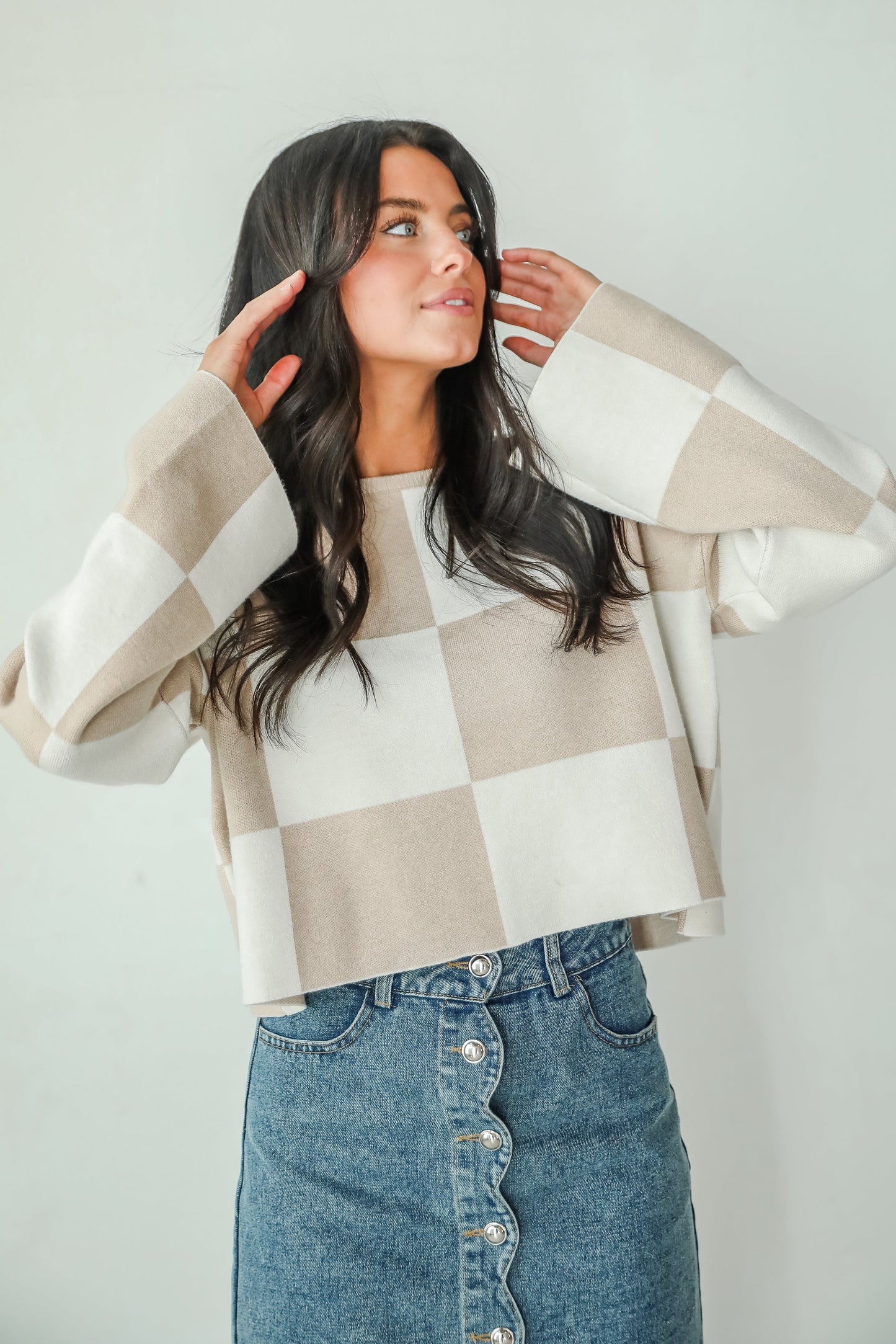 Perfect Classic Taupe Checkered Cropped Sweater