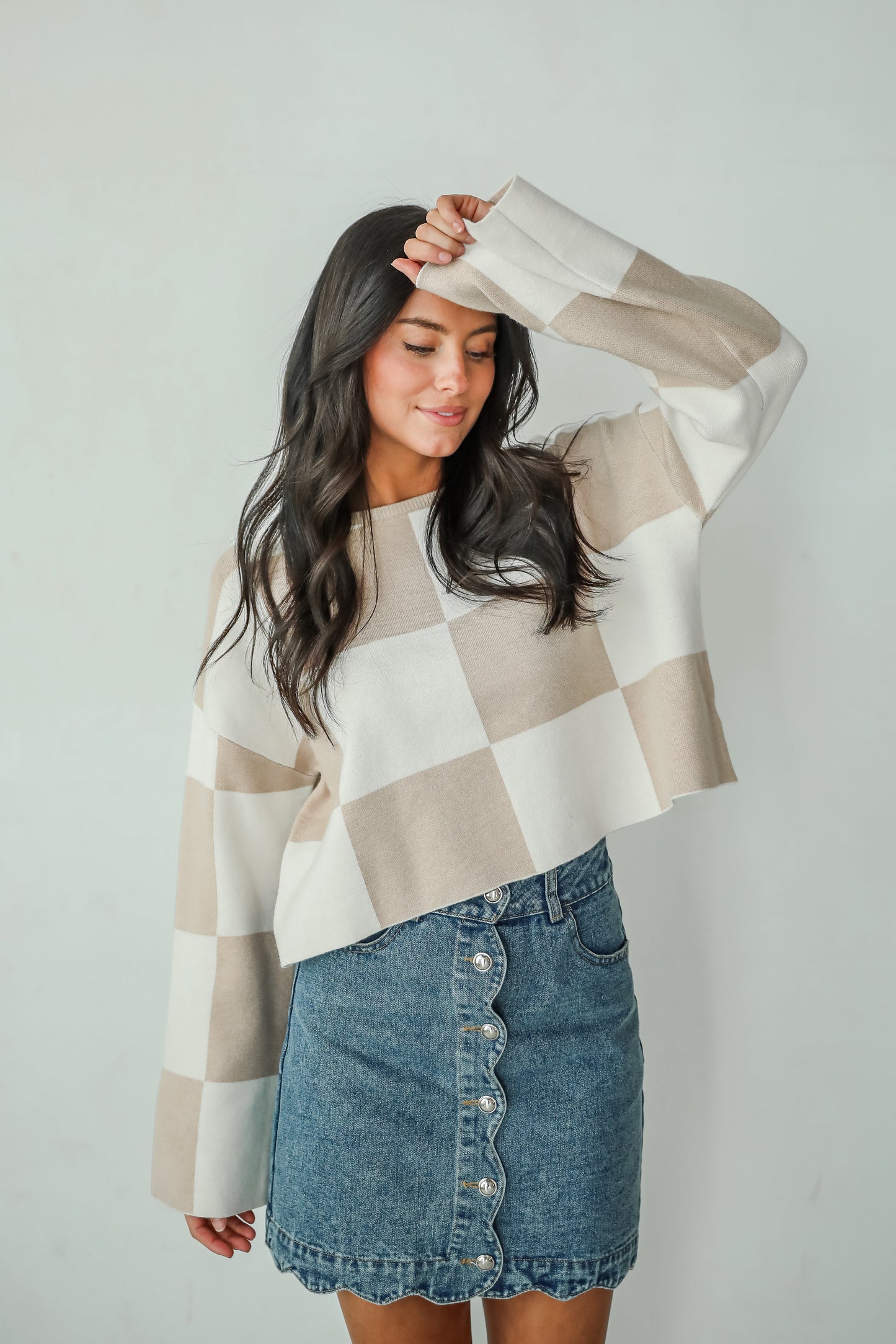 Perfect Classic Taupe Checkered Cropped Sweater