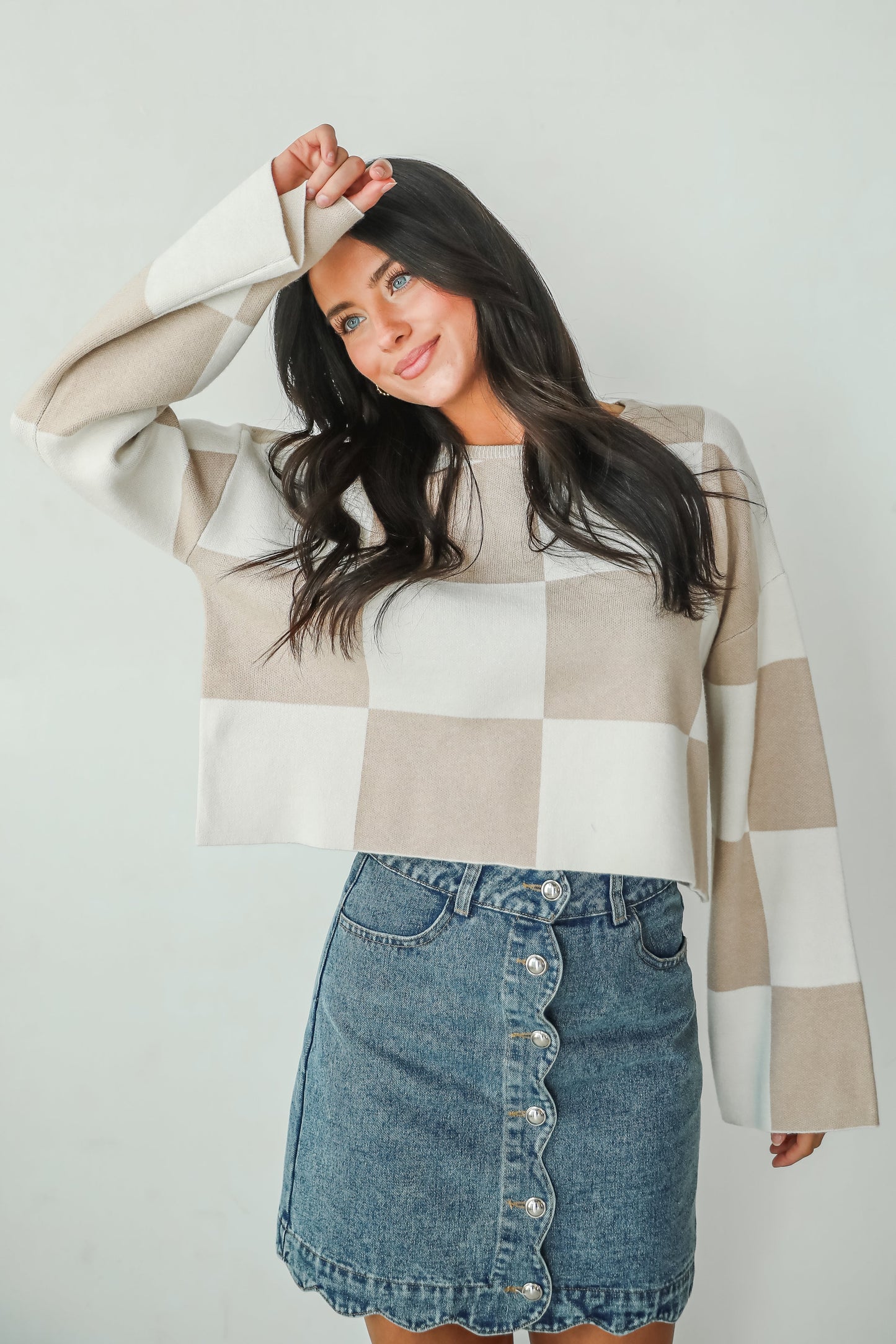 Perfect Classic Taupe Checkered Cropped Sweater