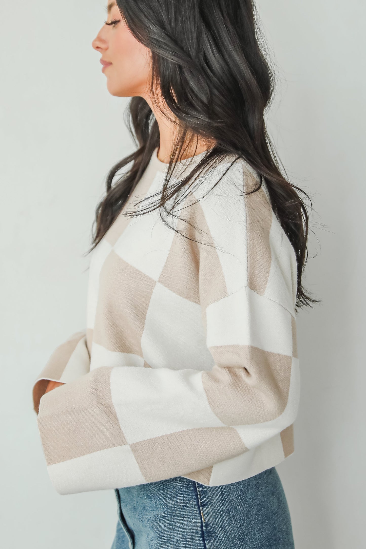 Perfect Classic Taupe Checkered Cropped Sweater