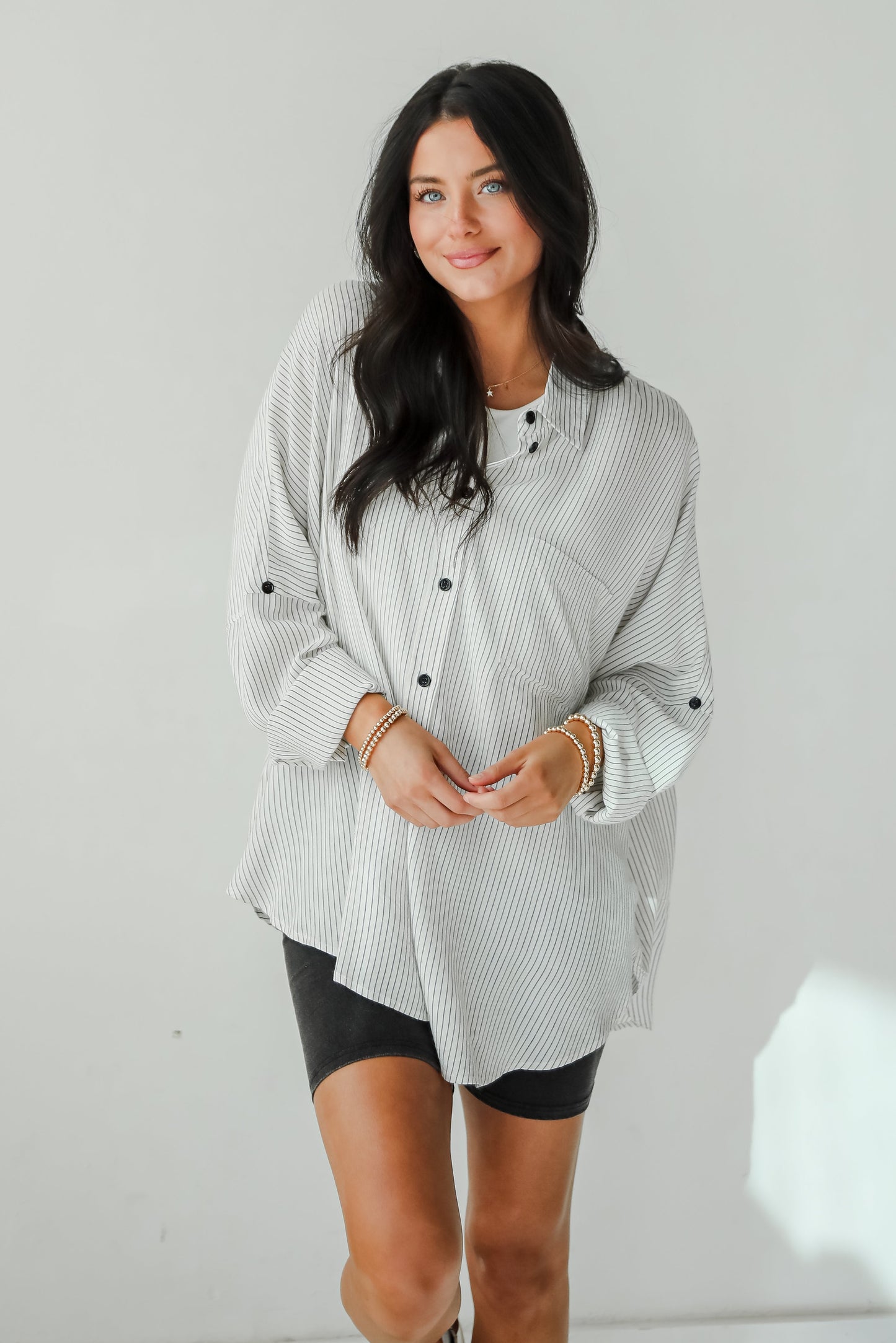Sophisticated Selection White Striped Oversized Button-Up Blouse