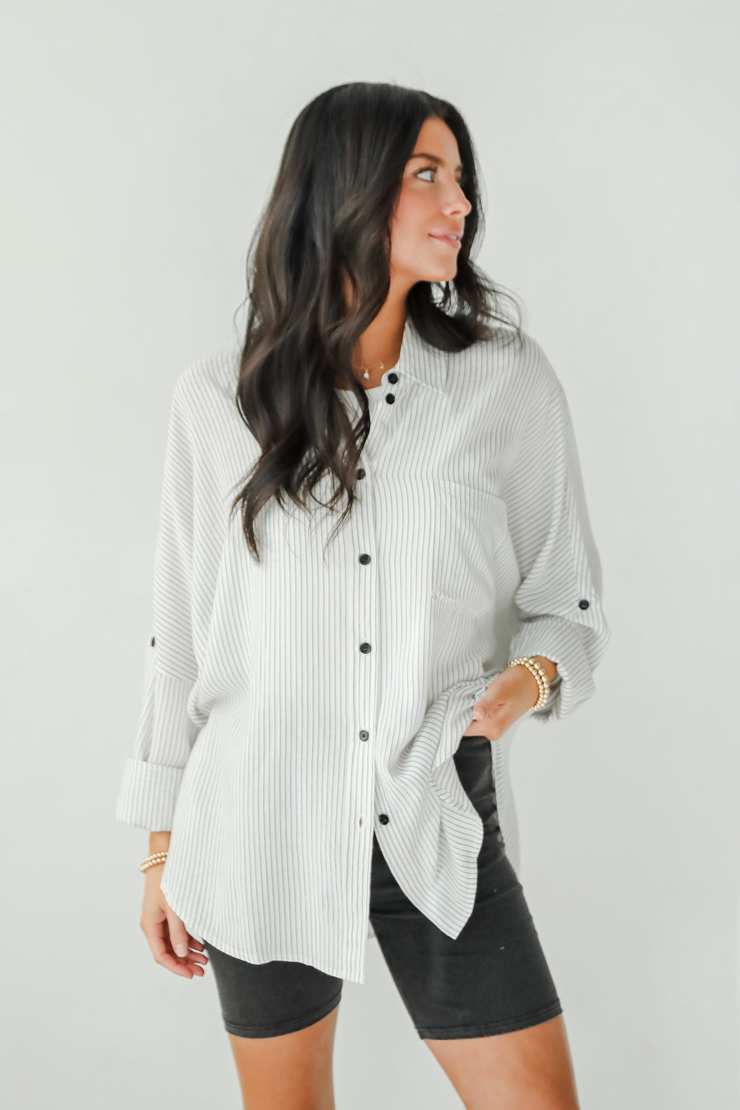 Sophisticated Selection White Striped Oversized Button-Up Blouse