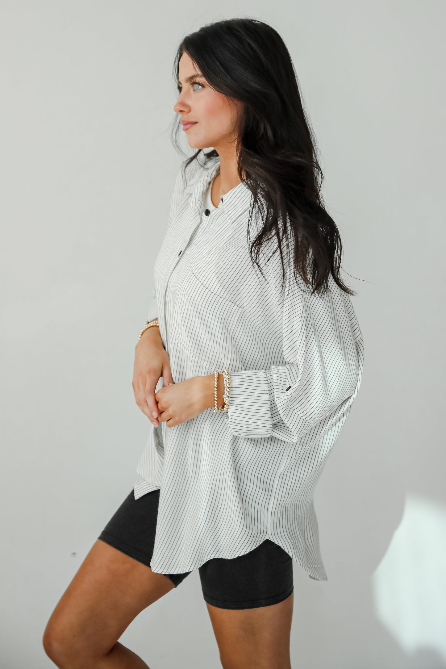 Sophisticated Selection White Striped Oversized Button-Up Blouse