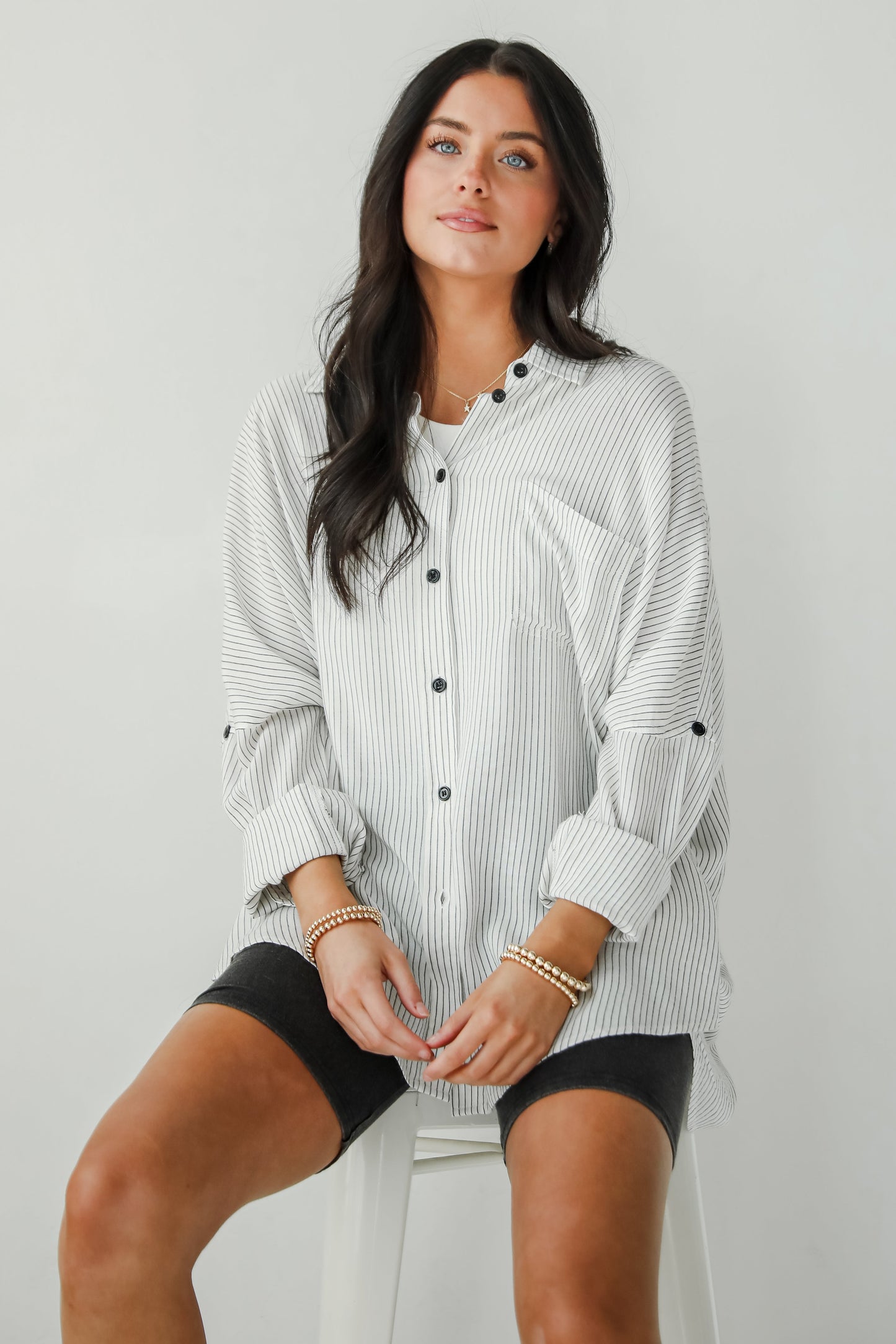 Sophisticated Selection White Striped Oversized Button-Up Blouse