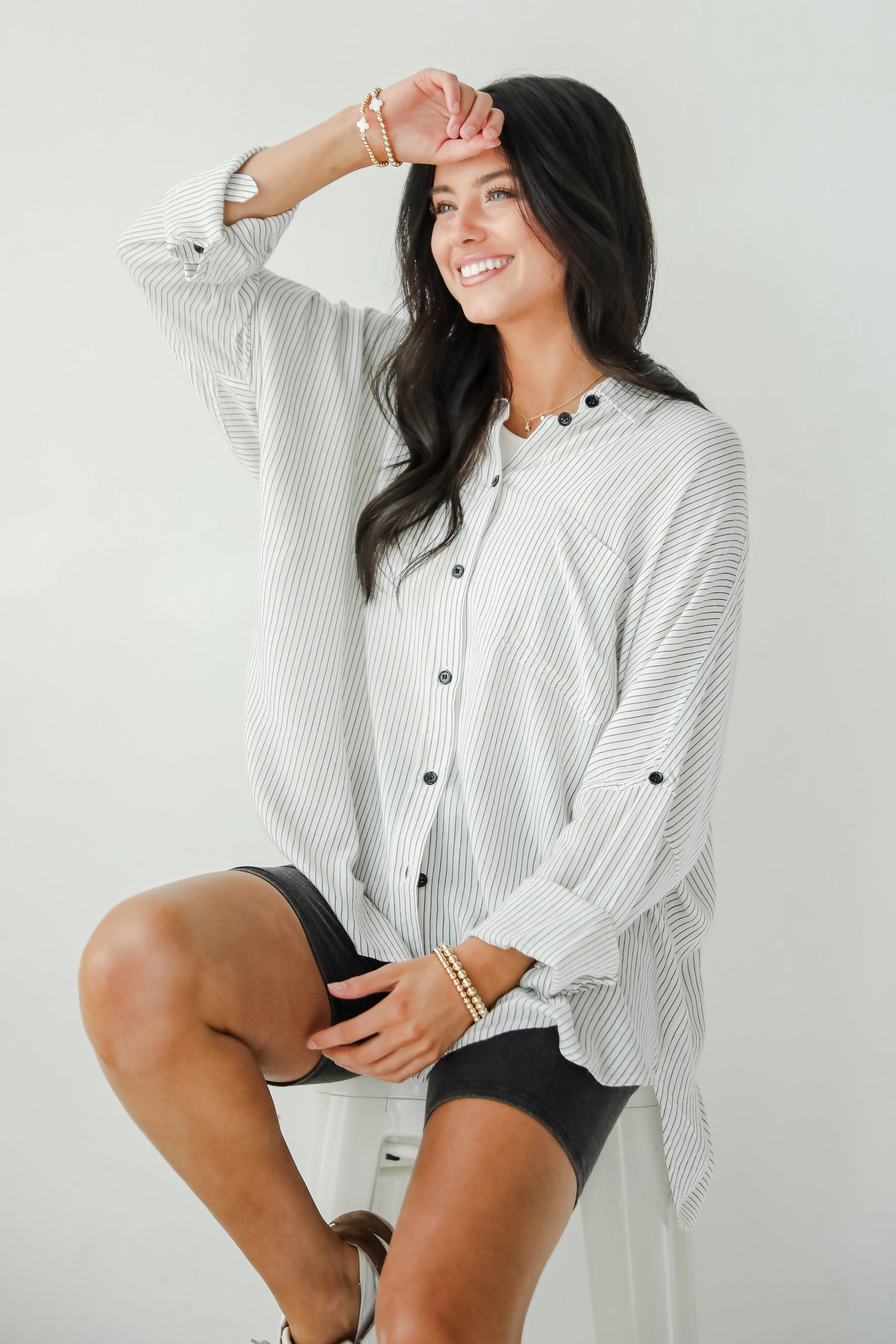Sophisticated Selection White Striped Oversized Button-Up Blouse